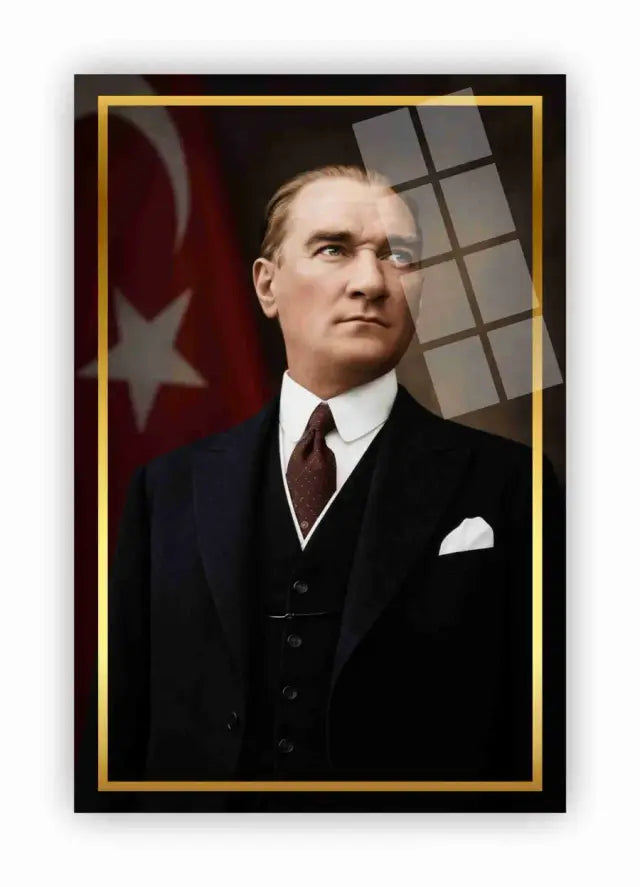Altın çerçeveli Atatürk portresi cam tablo – Atatürk duvar tablosu