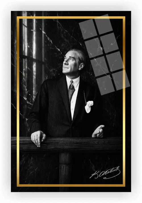 Siyah beyaz Atatürk imzalı cam tablo – Atatürk duvar tablosu
