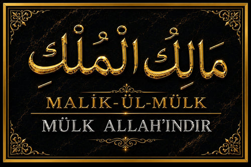 Malik-ül-Mülk yazılı siyah altın renkli cam tablo